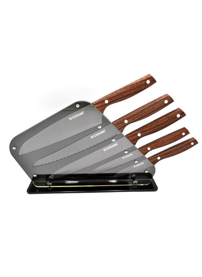 WINSOR 5-Piece Stainless Steel Chef Knife Set with Non-Stick Coating | Wood Pattern Handles and Acrylic Block Kitchen Knife Set - WR80813