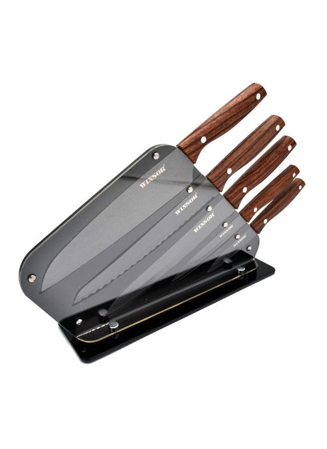 WINSOR 5-Piece Stainless Steel Chef Knife Set with Non-Stick Coating | Wood Pattern Handles and Acrylic Block Kitchen Knife Set - WR80813