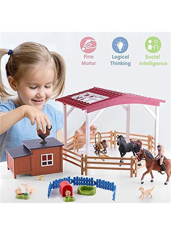 Kids Farm Animal Barn House Toy, Girl Horse Stable Figurine Fence Playset, Country World Farmhouses, Barnyard Chicken Coop Rabbit Puppy Figure, Birthday Gift Age 3 4 5 7 8 6-12 Boy Child