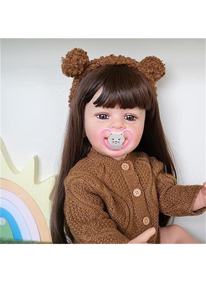 22 Inches Long Straight Hair Alive Reborn Baby Doll in Full Body Silicone Vinyl Anatomically Correct Sweet Smiling Newborn Realistic Toddler Girl Dolls in Brown Woolen Set Look Real