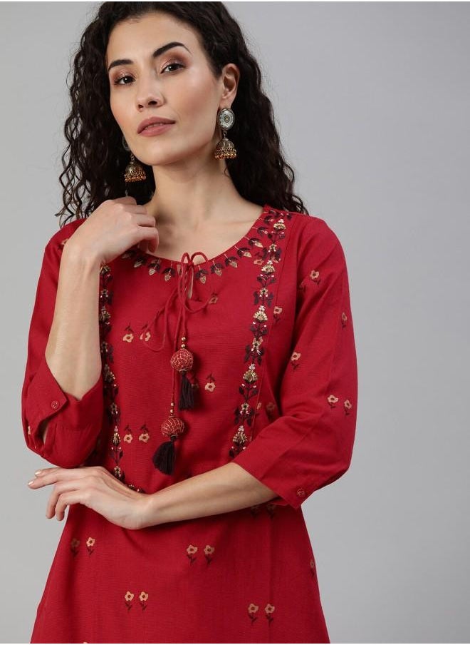 Women's Red Rayon Embroidered Tunic Full Length Straight Fit Kurta