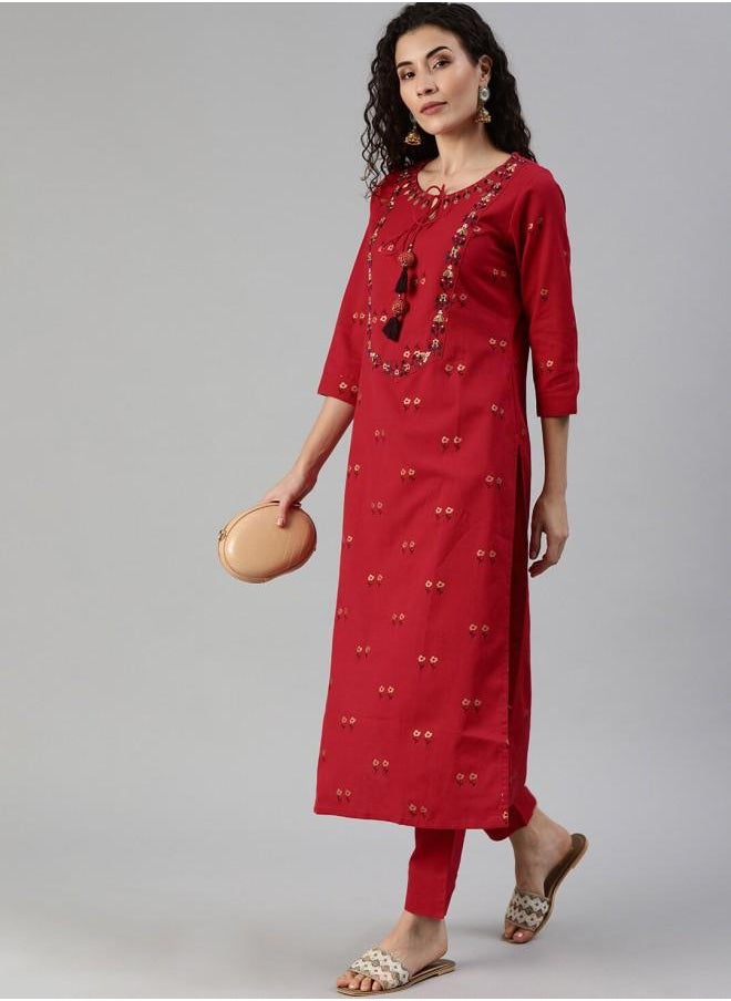 Women's Red Rayon Embroidered Tunic Full Length Straight Fit Kurta