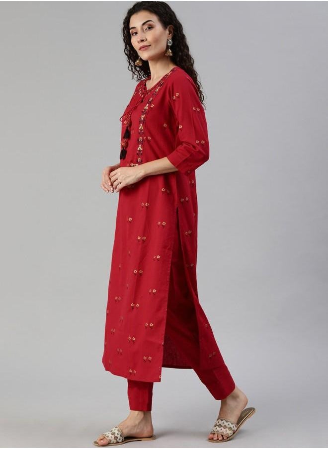 Women's Red Rayon Embroidered Tunic Full Length Straight Fit Kurta