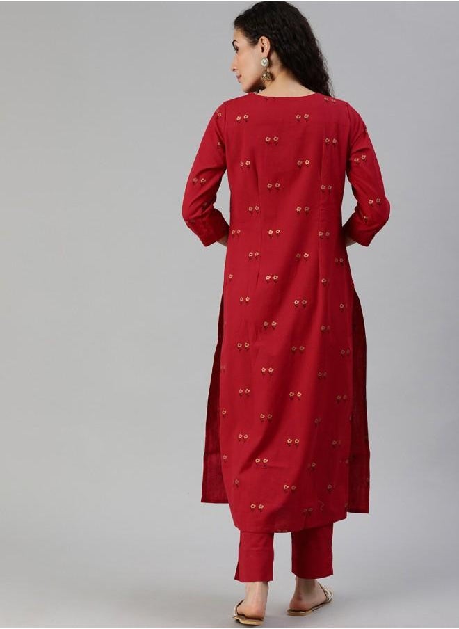 Women's Red Rayon Embroidered Tunic Full Length Straight Fit Kurta