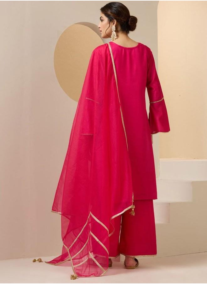 Three-Fourth Sleeve Women Pink Rayon Kurta Set with Embroidered pattern Tunic and Palazzo features a Round neckline and Three-Fourth Sleeve secured with Elastic closure and styled in Straight Fit ideal for Festive moments — crafted to elevate your special moments.