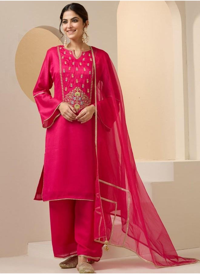 Three-Fourth Sleeve Women Pink Rayon Kurta Set with Embroidered pattern Tunic and Palazzo features a Round neckline and Three-Fourth Sleeve secured with Elastic closure and styled in Straight Fit ideal for Festive moments — crafted to elevate your special moments.