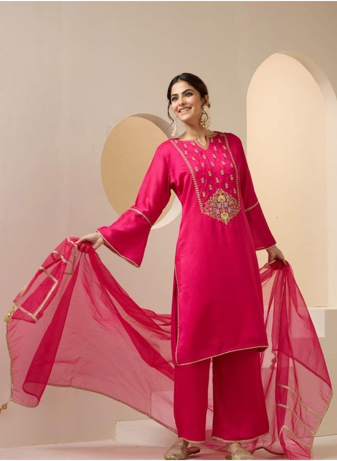Three-Fourth Sleeve Women Pink Rayon Kurta Set with Embroidered pattern Tunic and Palazzo features a Round neckline and Three-Fourth Sleeve secured with Elastic closure and styled in Straight Fit ideal for Festive moments — crafted to elevate your special moments.