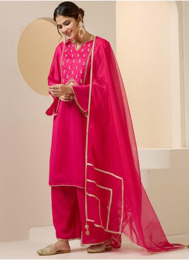 Three-Fourth Sleeve Women Pink Rayon Kurta Set with Embroidered pattern Tunic and Palazzo features a Round neckline and Three-Fourth Sleeve secured with Elastic closure and styled in Straight Fit ideal for Festive moments — crafted to elevate your special moments.