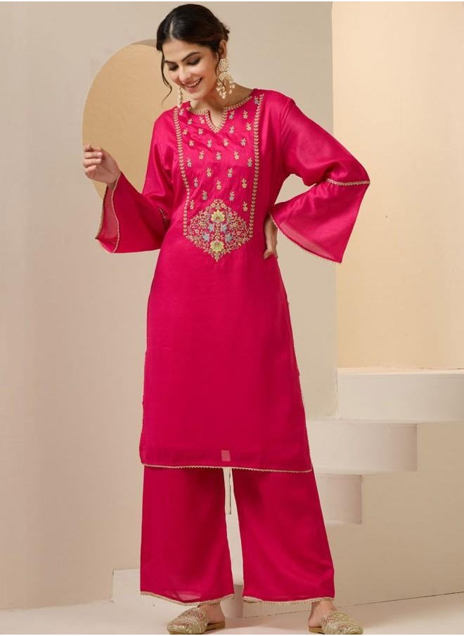 Three-Fourth Sleeve Women Pink Rayon Kurta Set with Embroidered pattern Tunic and Palazzo features a Round neckline and Three-Fourth Sleeve secured with Elastic closure and styled in Straight Fit ideal for Festive moments — crafted to elevate your special moments.