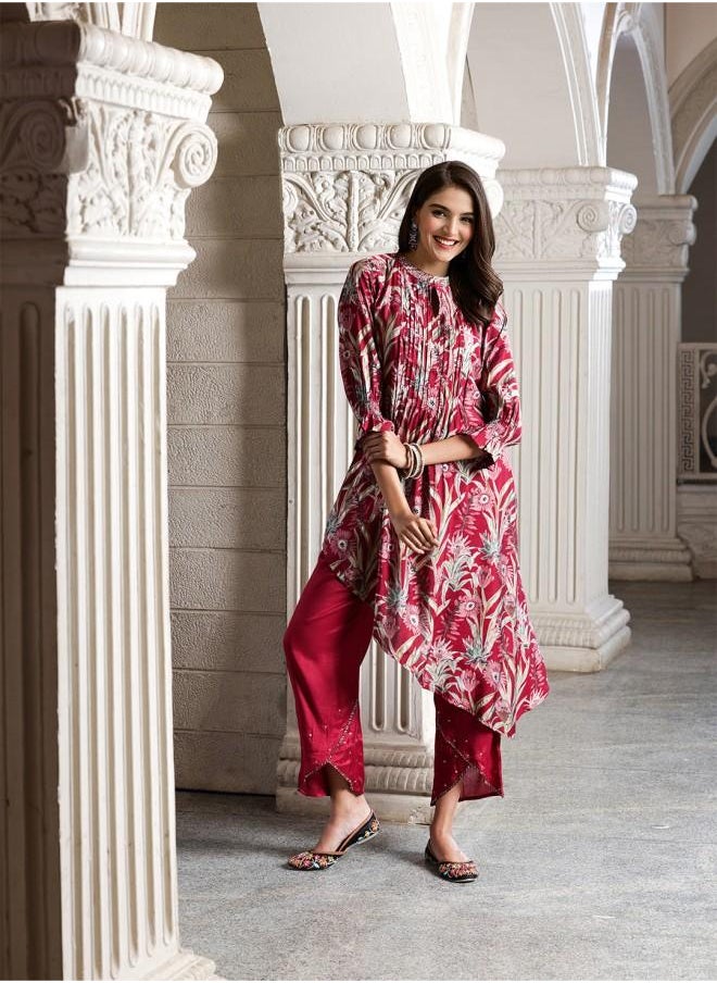 Palazzo Women Maroon Rayon Kurta Set with Embroidered pattern Tunic and Palazzo features a Round neckline and Three-Fourth Sleeve secured with Elastic closure and styled in Straight Fit ideal for Festive moments — perfect for fashion-forward occasions.
