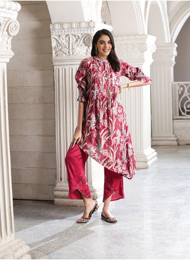 Palazzo Women Maroon Rayon Kurta Set with Embroidered pattern Tunic and Palazzo features a Round neckline and Three-Fourth Sleeve secured with Elastic closure and styled in Straight Fit ideal for Festive moments — perfect for fashion-forward occasions.