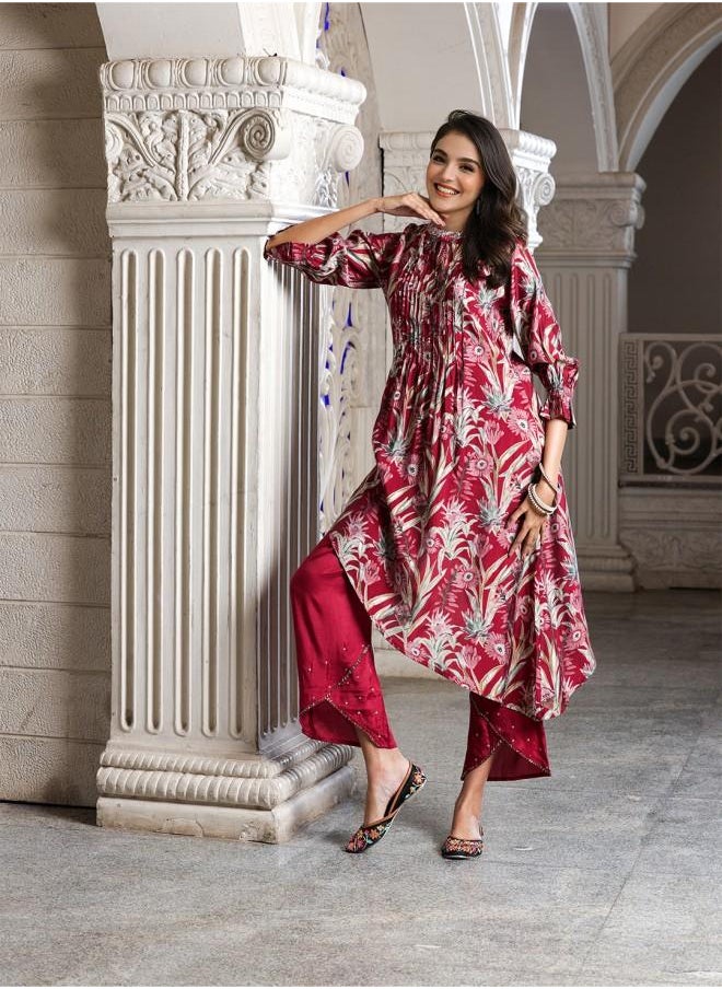Palazzo Women Maroon Rayon Kurta Set with Embroidered pattern Tunic and Palazzo features a Round neckline and Three-Fourth Sleeve secured with Elastic closure and styled in Straight Fit ideal for Festive moments — perfect for fashion-forward occasions.