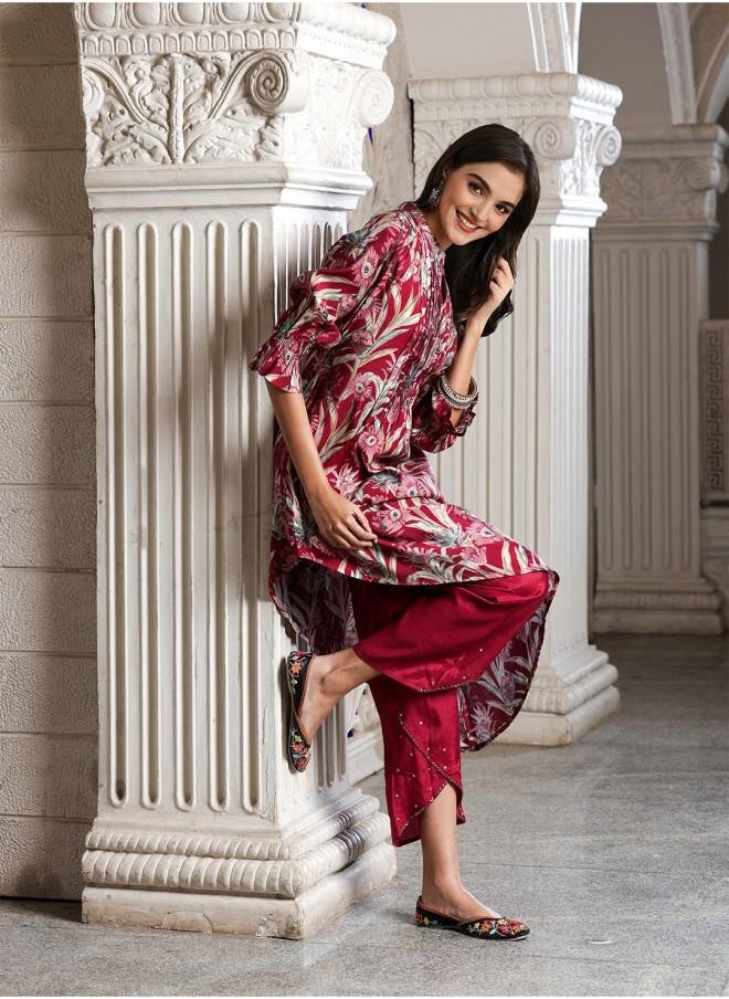 Palazzo Women Maroon Rayon Kurta Set with Embroidered pattern Tunic and Palazzo features a Round neckline and Three-Fourth Sleeve secured with Elastic closure and styled in Straight Fit ideal for Festive moments — perfect for fashion-forward occasions.