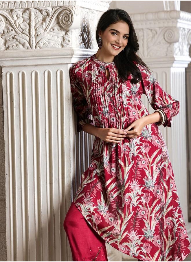Palazzo Women Maroon Rayon Kurta Set with Embroidered pattern Tunic and Palazzo features a Round neckline and Three-Fourth Sleeve secured with Elastic closure and styled in Straight Fit ideal for Festive moments — perfect for fashion-forward occasions.