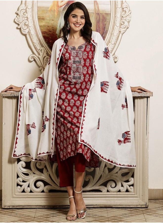 Festive Women Maroon Cotton Kurta Set with Embroidered pattern Tunic and Palazzo features a Round neckline and Three-Fourth Sleeve secured with Elastic closure and styled in Straight Fit ideal for Festive moments — crafted to elevate your special moments.