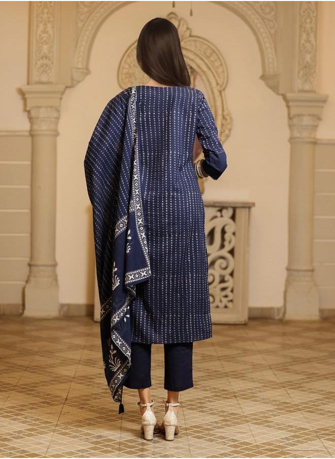 Elastic Women Navy Cotton Kurta Set with Embroidered pattern Tunic and Palazzo features a Round neckline and Three-Fourth Sleeve secured with Elastic closure and styled in Straight Fit ideal for Festive moments — exude elegance in every glance.