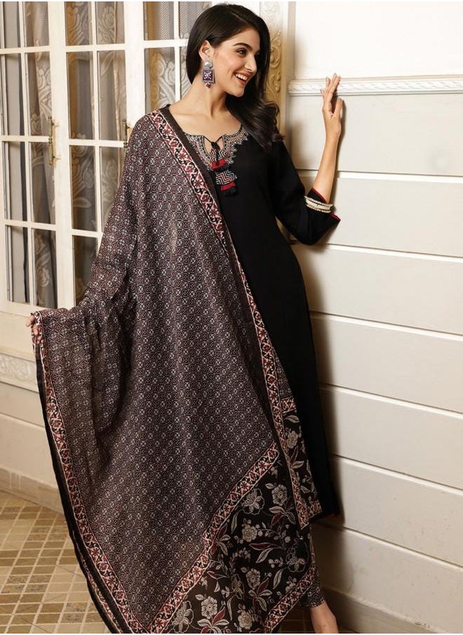 Palazzo Women Black Rayon Kurta Set with Embroidered pattern Tunic and Palazzo features a Round neckline and Three-Fourth Sleeve secured with Elastic closure and styled in Straight Fit ideal for Festive moments — perfect for fashion-forward occasions.