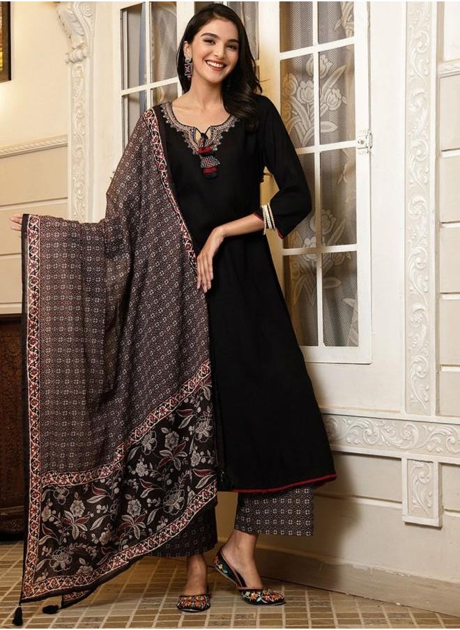 Women's Black Rayon Embroidered Tunic Full Length Palazzo Straight Fit Kurta Set