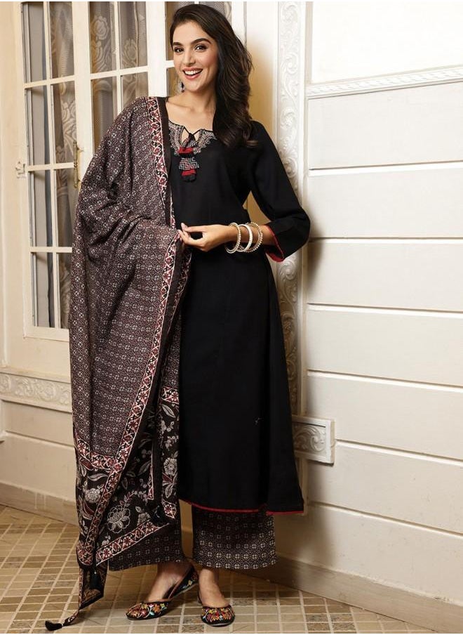 Women's Black Rayon Embroidered Tunic Full Length Palazzo Straight Fit Kurta Set