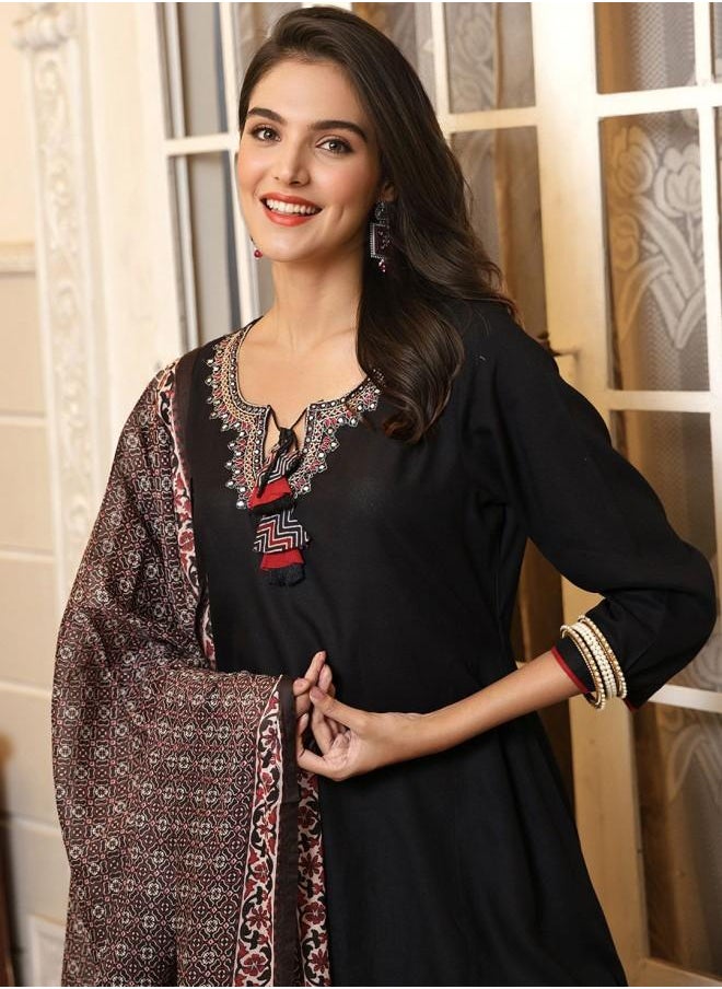 Women's Black Rayon Embroidered Tunic Full Length Palazzo Straight Fit Kurta Set