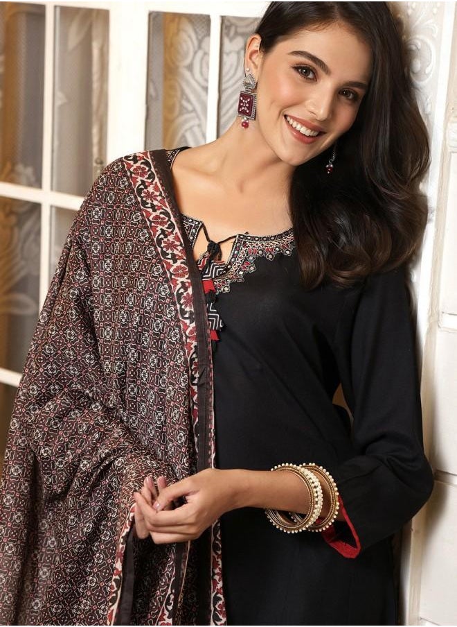 Women's Black Rayon Embroidered Tunic Full Length Palazzo Straight Fit Kurta Set