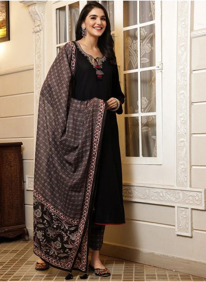 Women's Black Rayon Embroidered Tunic Full Length Palazzo Straight Fit Kurta Set