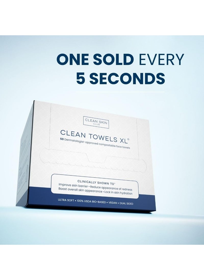 CLEAN SKIN CLUB CSC CT Clean Towels XL/World's First Biodegradable Face Towel/Disposable Makeup Removal Wipes/Super Soft 50 Count Single BoxWhite