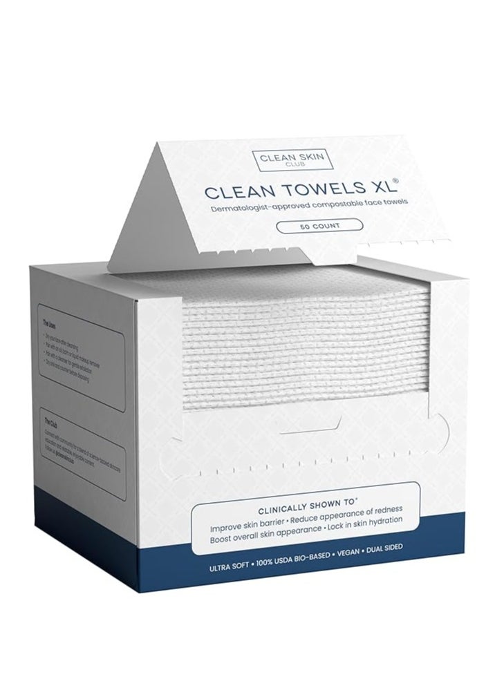 CLEAN SKIN CLUB CSC CT Clean Towels XL/World's First Biodegradable Face Towel/Disposable Makeup Removal Wipes/Super Soft 50 Count Single BoxWhite