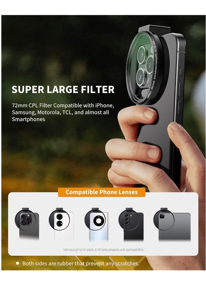 CPL Filter for Phone, 72mm Camera Polarized Lens Filter Universal with Metal Cold Shoe Phone Clip for iPhone 15 14 13 12 11 X XS PLUS PRO Max for Samsung Galaxy for Motorola