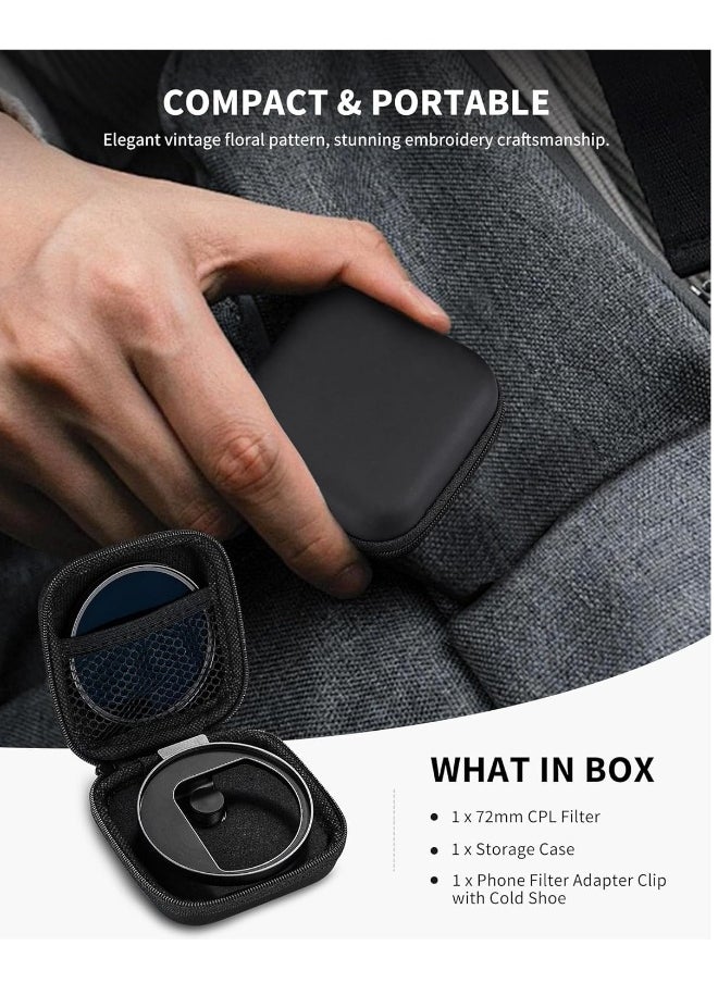 CPL Filter for Phone, 72mm Camera Polarized Lens Filter Universal with Metal Cold Shoe Phone Clip for iPhone 15 14 13 12 11 X XS PLUS PRO Max for Samsung Galaxy for Motorola