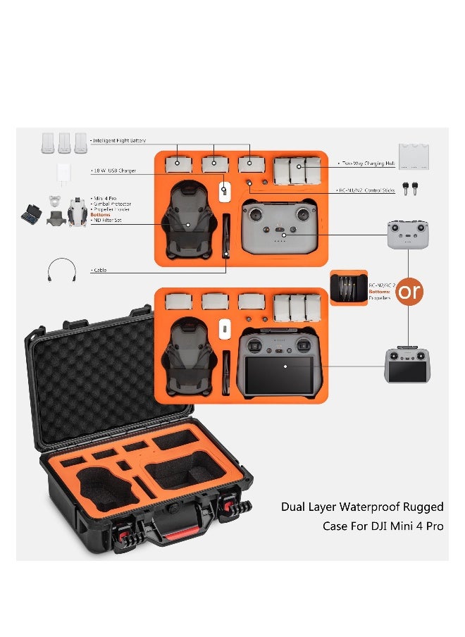 Mini 4 Pro Case Waterproof Hard Carrying Case Built-in EVA Shockproof Anti-fall Stress Resistant Secure Carrying Bag for DJI Mini 4 Pro Fly More Combo Drone Accessories for DJI RC 2/RC-N2