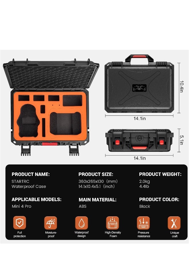 Mini 4 Pro Case Waterproof Hard Carrying Case Built-in EVA Shockproof Anti-fall Stress Resistant Secure Carrying Bag for DJI Mini 4 Pro Fly More Combo Drone Accessories for DJI RC 2/RC-N2