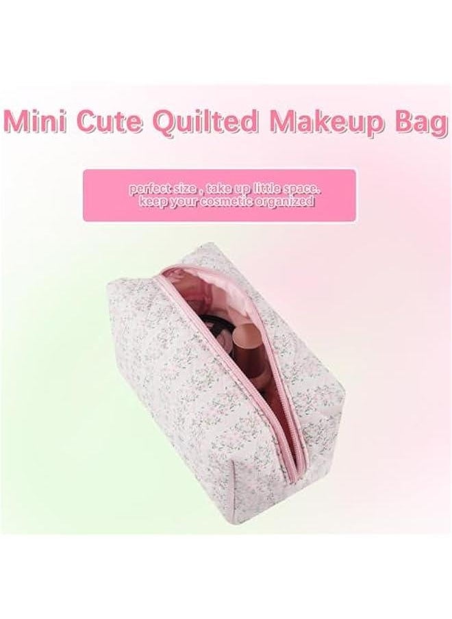Cotton Quilted Makeup Bag Small Coquette Cute Floral Makeup Pouch Aesthetic Pink Flower Cosmetic Bag Zipper School Pencil Pouch Cloth Trendy Travel Toiletry Bag Organizer for Women Girls