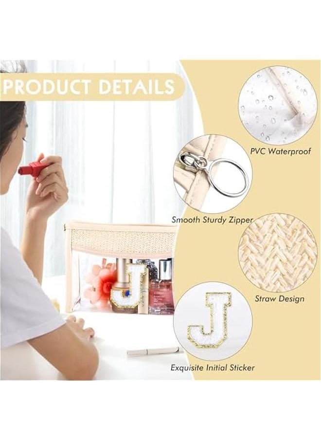 Boho Straw Clear Makeup Bag Small Initial Cosmetic Bags Personalized Chenille Letter Patch Beach Bag Zipper Makeup Organizer Pouch Travel Essentials Waterproof Toiletry Bag for Women Girls J