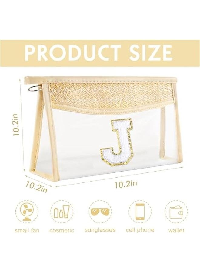 Boho Straw Clear Makeup Bag Small Initial Cosmetic Bags Personalized Chenille Letter Patch Beach Bag Zipper Makeup Organizer Pouch Travel Essentials Waterproof Toiletry Bag for Women Girls J