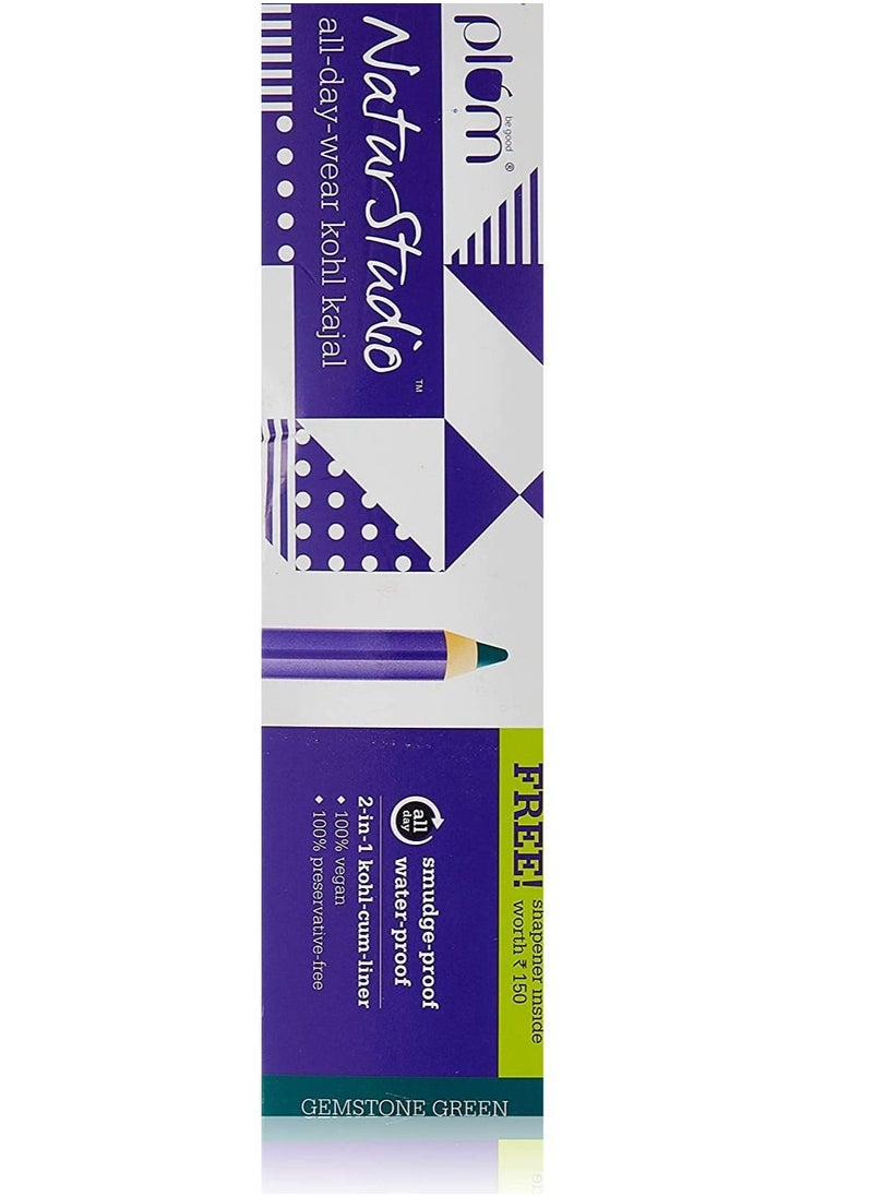 NaturStudio All-Day-Wear Kohl Kajal Gemstone Green with FREE SHARPENER | Smudge-Proof| Water-Proof | 2-in-1 Eyeline + Kajal | Daily Make Up |100% Vegan, Cruelty Free |1.2g