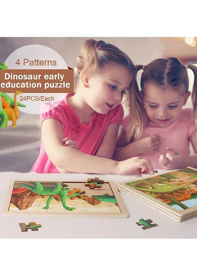 Wooden Dinosaur Puzzles for Ages 3-5.4 Packs 24 PCs Jigsaw Preschool Educational Brain Teaser Boards Toys Montessori