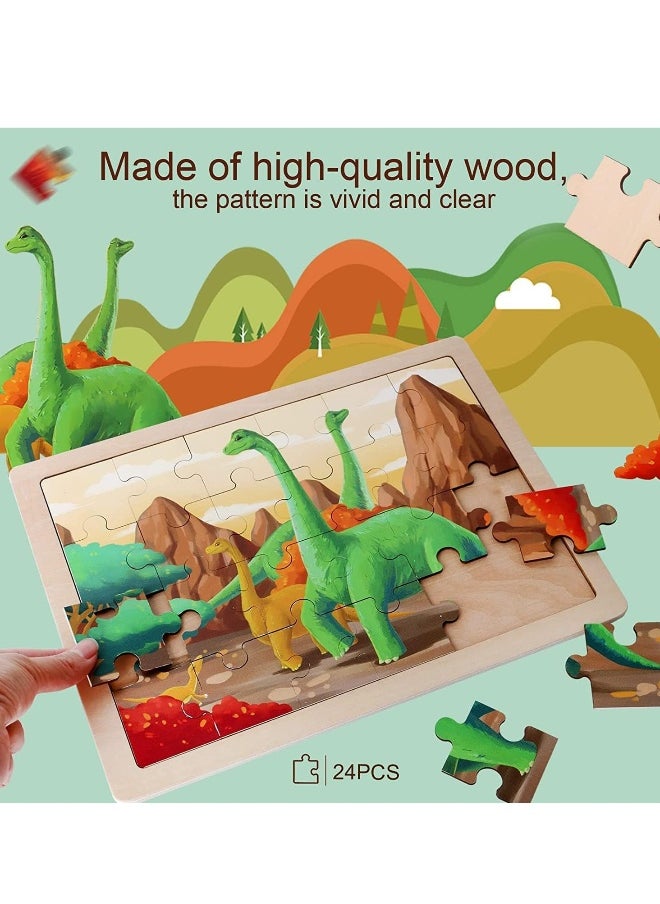 Wooden Dinosaur Puzzles for Ages 3-5.4 Packs 24 PCs Jigsaw Preschool Educational Brain Teaser Boards Toys Montessori