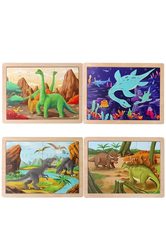 Wooden Dinosaur Puzzles for Ages 3-5.4 Packs 24 PCs Jigsaw Preschool Educational Brain Teaser Boards Toys Montessori