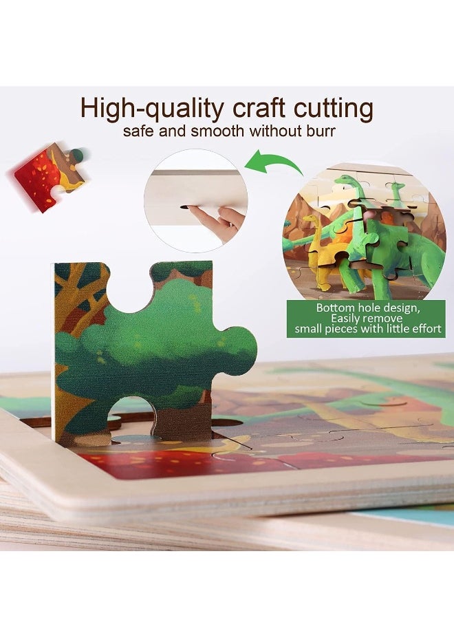 Wooden Dinosaur Puzzles for Ages 3-5.4 Packs 24 PCs Jigsaw Preschool Educational Brain Teaser Boards Toys Montessori