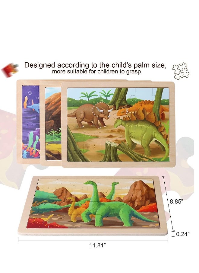 Wooden Dinosaur Puzzles for Ages 3-5.4 Packs 24 PCs Jigsaw Preschool Educational Brain Teaser Boards Toys Montessori