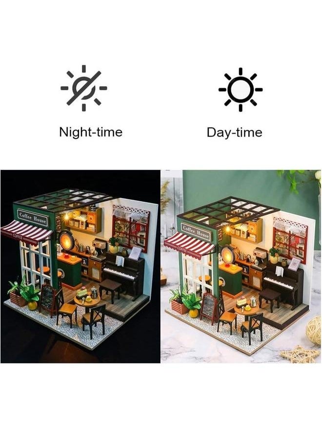 DIY miniature dollhouse kit, mini house making kit with furniture and lights, small for adults, birthday, hobby handmade gifts between holidays, coffee