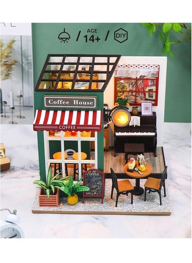 DIY miniature dollhouse kit, mini house making kit with furniture and lights, small for adults, birthday, hobby handmade gifts between holidays, coffee
