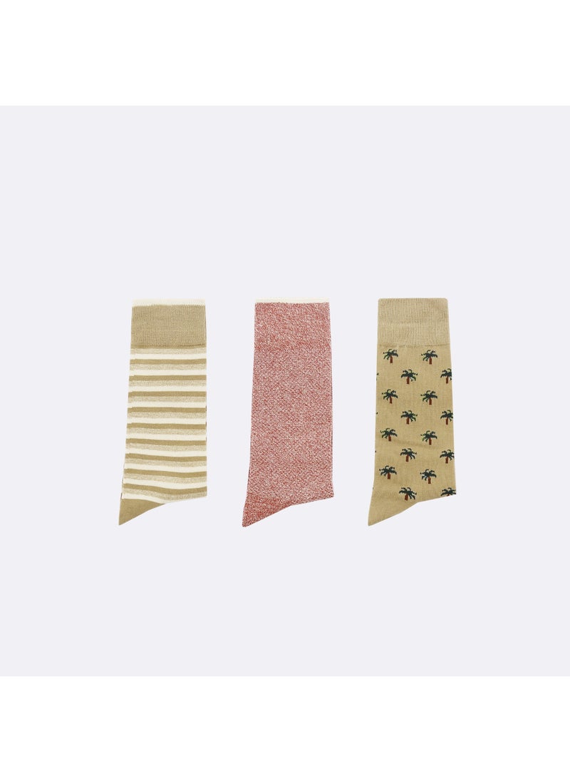 Set of 3X Socks - Beige Stripes, Red and Palm Trees