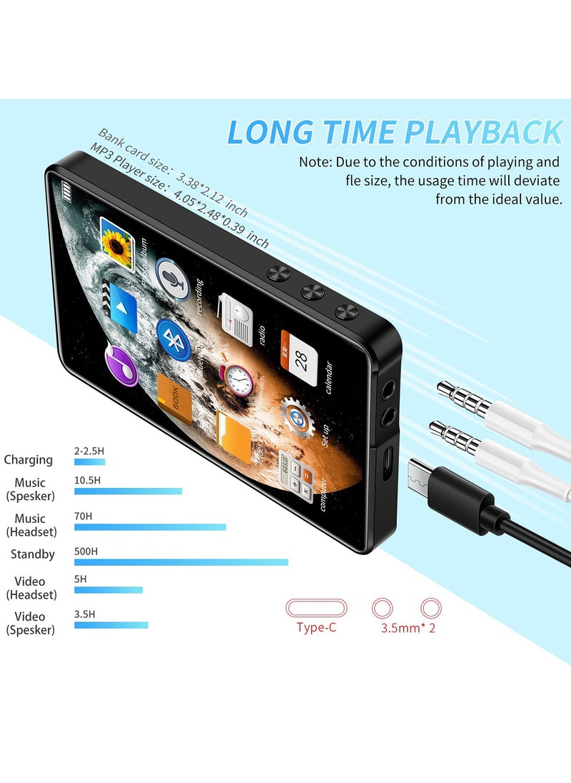 ​4.0-Inch Full Touch MP3/MP4 Music Player with Bluetooth, 1080P HD Video, 16GB Storage, Supports TF Card up to 256GB, HiFi Sound, FM Radio, Voice Recorder, E-Book Reader, Portable MP5 Player
