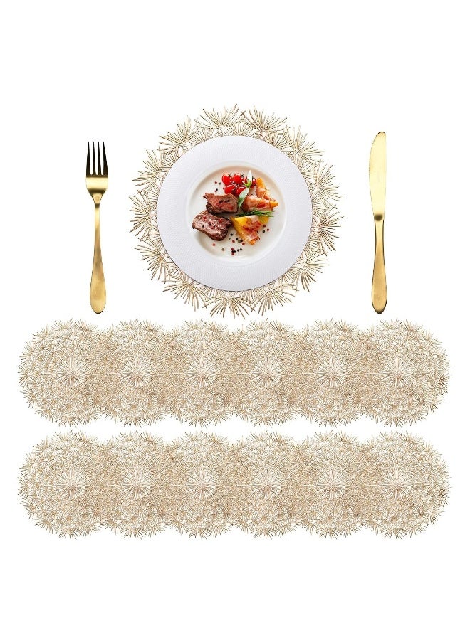 12 Pieces Pressed Vinyl Placemats, 15 Inch Round Placemats Metal Dandelion Gold Table Runner for Table Centrepieces