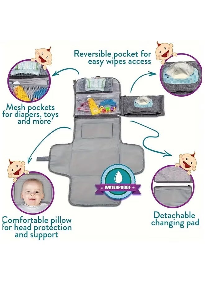 Portable Diaper Changing Pad, Portable Changing pad for Newborn Girl and Boy, Baby Changing Pad with Smart Wipes Pocket, Waterproof Travel Changing Kit, Baby Gift (Grey)