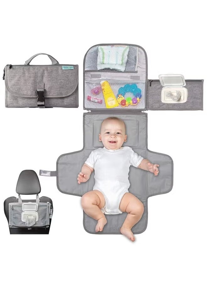 Portable Diaper Changing Pad, Portable Changing pad for Newborn Girl and Boy, Baby Changing Pad with Smart Wipes Pocket, Waterproof Travel Changing Kit, Baby Gift (Grey)