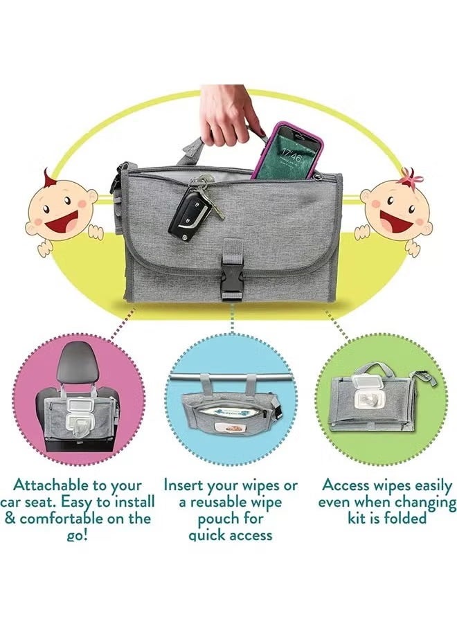 Portable Diaper Changing Pad, Portable Changing pad for Newborn Girl and Boy, Baby Changing Pad with Smart Wipes Pocket, Waterproof Travel Changing Kit, Baby Gift (Grey)