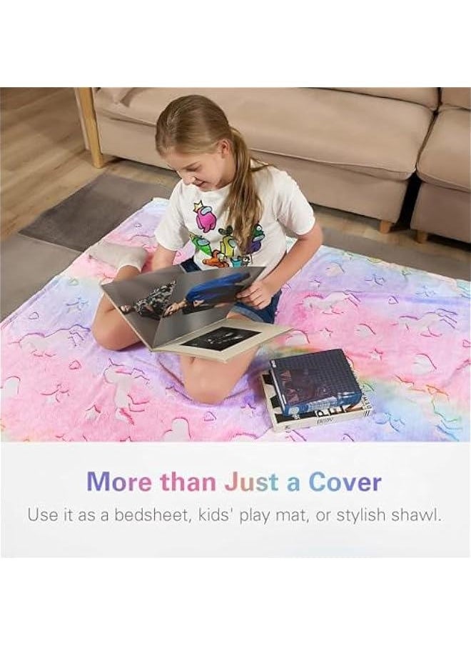 Glow in The Dark Blanket, Soft Kids Blanket for Girls Boys, Luminous Outer Space Blanket Spaceship Rockets Throw Blankets for Kids, Gifts for Girls Boys Teens, 50 x 60, Blue